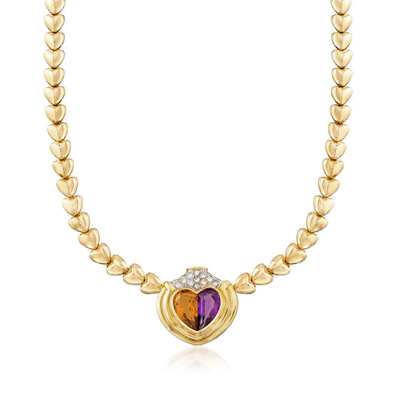 C. 1980 Vintage 7.30 ct. t.w. Multi-Gemstone Heart Necklace in 18kt Yellow Gold. 15&quot; image number 0