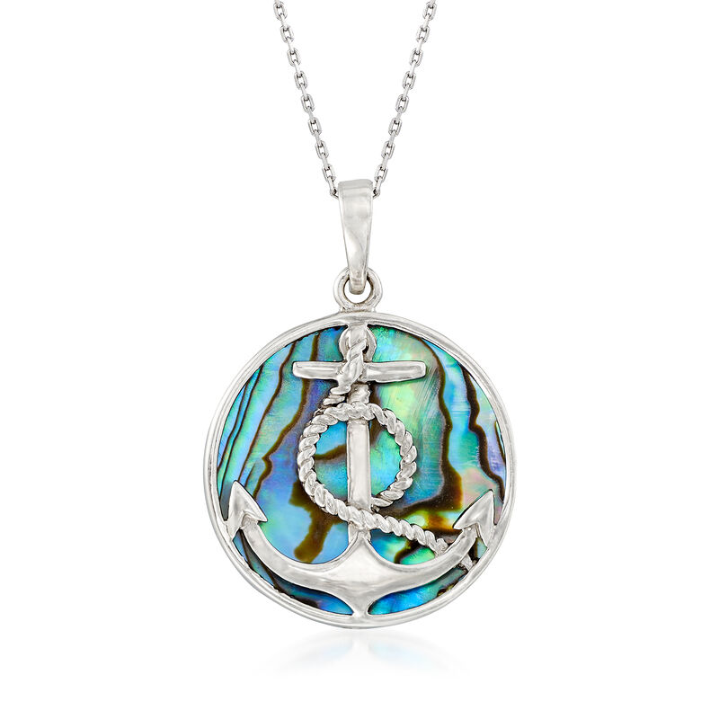 Abalone Shell Anchor Pendant Necklace in Sterling Silver. 18&quot; image number 1