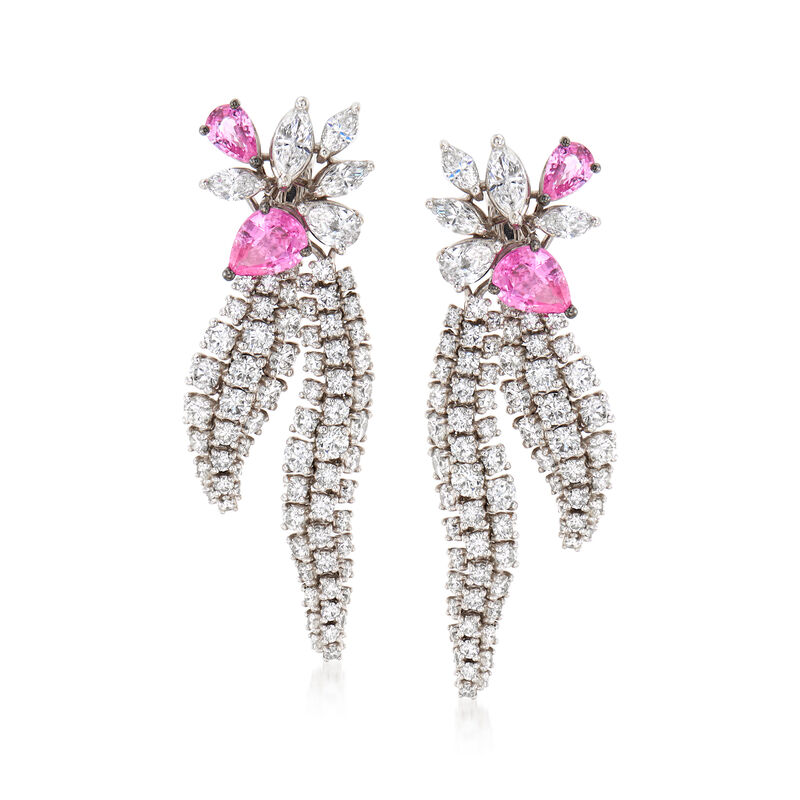 C. 1990 Vintage Stefan Hafner 6.70 ct. t.w. Diamond and 3.50 ct. t.w. Pink Sapphire Drop Earrings in 18kt White Gold image number 0
