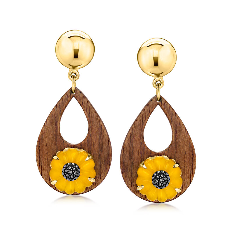 Wooden Sunflower Drop Earrings with Yellow Chalcedony in 18kt Gold Over Sterling  image number 0