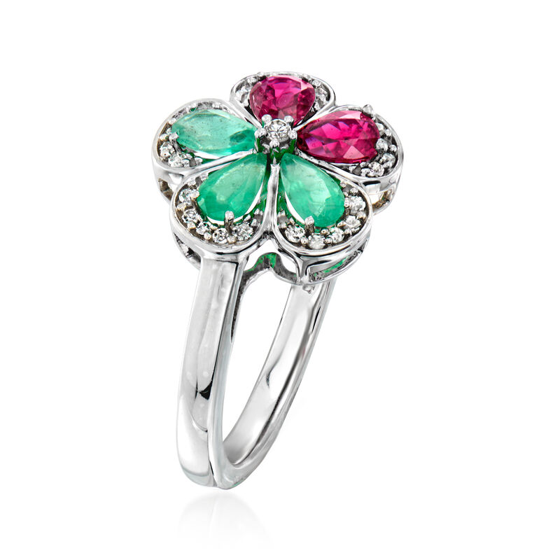 C. 1980 Vintage .50 ct. t.w. Emerald and .50 ct. t.w. Ruby Flower Ring with .23 ct. t.w. Diamonds in 14kt White Gold. Size 7 image number 2