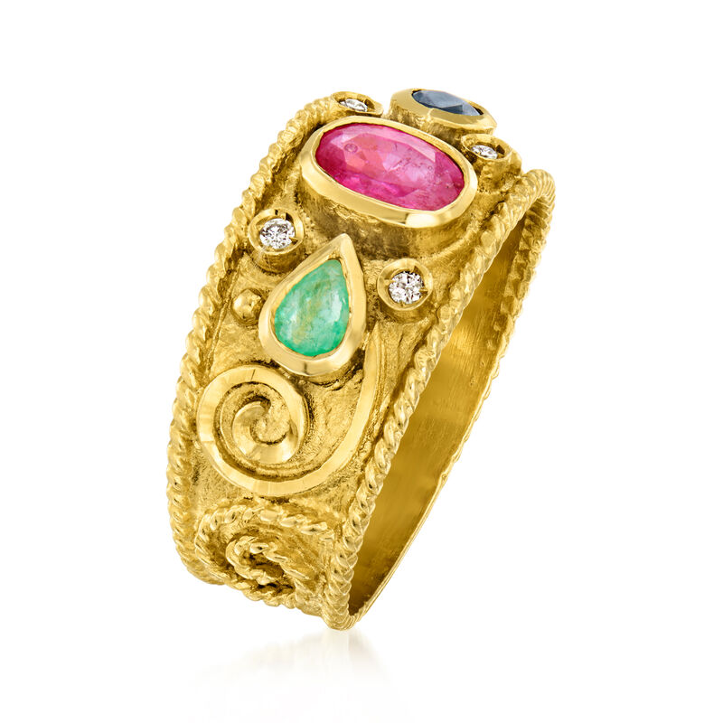 C. 1980 Vintage .60 Carat Ruby, .25 Carat Sapphire and .15 Carat Emerald Ring with Diamonds in 18kt Yellow Gold. Size 7 image number 2