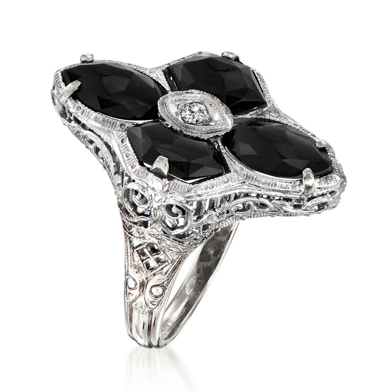 C. 1950 Vintage Black Onyx and Diamond-Accented Filigree Ring in 14kt White Gold image number 2