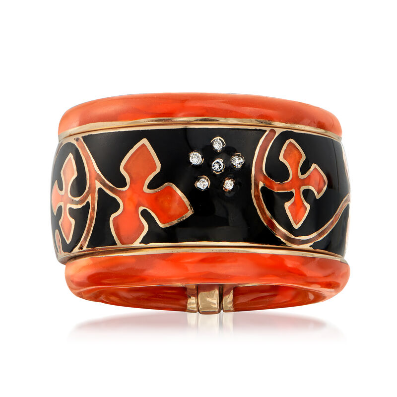 C. 1990 Vintage Nouvelle Bague Black and Red Enamel Flower Ring with Diamond Accents in 18kt Yellow Gold image number 0