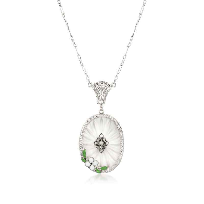 C. 1950 Vintage Frosted Glass Oval Pendant Necklace with Enamel Flower and Diamond Accent in 14kt White Gold. 16&quot; image number 1