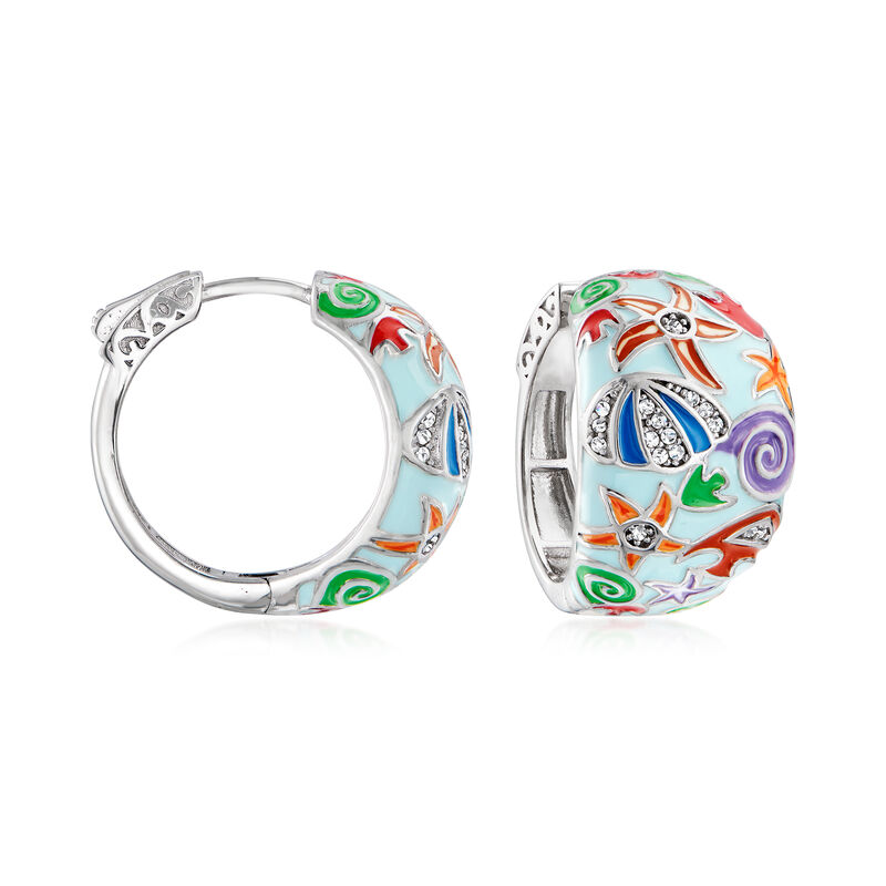 .10 ct. t.w. White Topaz and Multicolored Enamel Sea Life Hoop Earrings in Sterling Silver image number 0