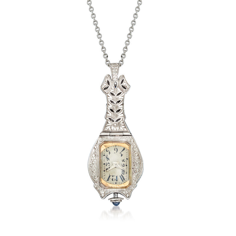C. 1910 Vintage Ebel 1.15 ct. t.w. Diamond and .40 ct. t.w. Synthetic Sapphire Watch Pendant Necklace in Platinum and 14kt White Gold image number 2