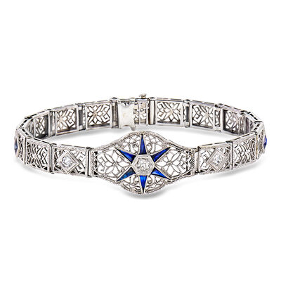 C. 1950 Vintage .70 ct. t.w. Synthetic Sapphire and .28 ct. t.w. Diamond Filigree Bracelet in 18kt White Gold