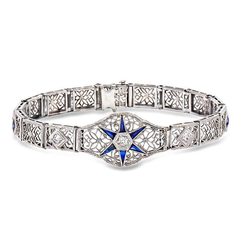 C. 1950 Vintage .70 ct. t.w. Synthetic Sapphire and .28 ct. t.w. Diamond Filigree Bracelet in 18kt White Gold. 7" image number 0