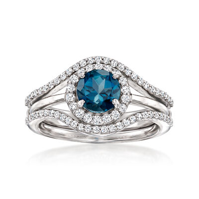 1.10 Carat London Blue Topaz and .50 ct. t.w. White Topaz Jewelry Set: Ring and Ring Guard in Sterling Silver