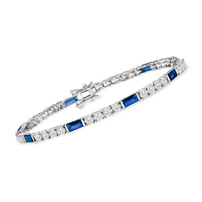3.90 ct. t.w. CZ and 3.20 ct. t.w. Simulated Sapphire Tennis Bracelet in Sterling Silver
