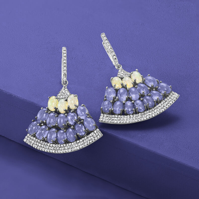 14.00 ct. t.w. Tanzanite and 1.70 ct. t.w. White Zircon Fan Drop Earrings with Opals in Sterling Silver image number 3