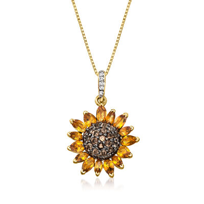 1.70 ct. t.w. Citrine and .80 ct. t.w. Smoky Quartz and .10 ct. t.w. White Topaz Sunflower Pendant Necklace in 18kt Gold Over Sterling