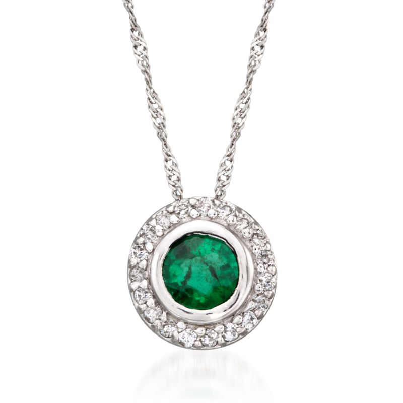 .40 Carat Emerald and .10 ct. t.w. Diamond Pendant Necklace in 14kt White Gold. 16&quot; image number 1