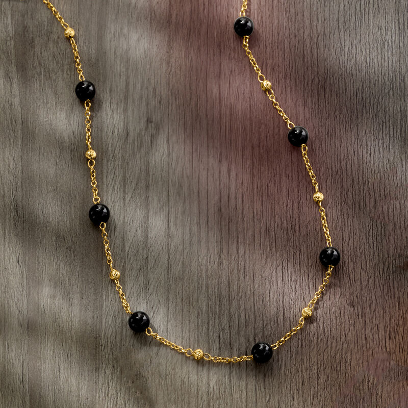 Italian 6mm Onyx Bead Station Necklace in 18kt Gold Over Sterling. 18&quot; image number 2