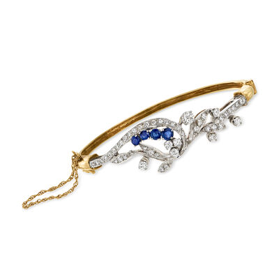 C. 1970 Vintage 1.50 ct. t.w. Diamond and .85 ct. t.w. Sapphire Floral Bangle Bracelet in Palladium and 14kt Yellow Gold