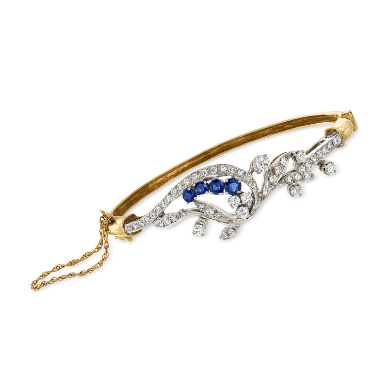 C. 1970 Vintage 1.50 ct. t.w. Diamond and .85 ct. t.w. Sapphire Floral Bangle Bracelet in Palladium and 14kt Yellow Gold. 7" image number 0