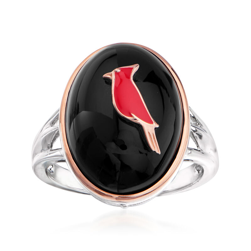 Black Agate and Red Enamel Cardinal Ring in Two-Tone Sterling Silver image number 0