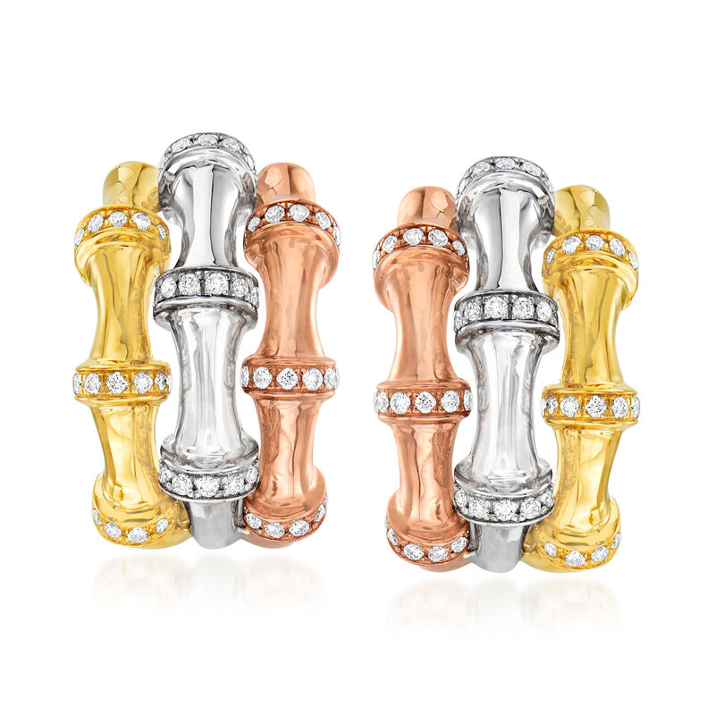 .70 ct. t.w. Diamond Bamboo Three-Row Earrings in 14kt Tri-Colored Gold image number 0