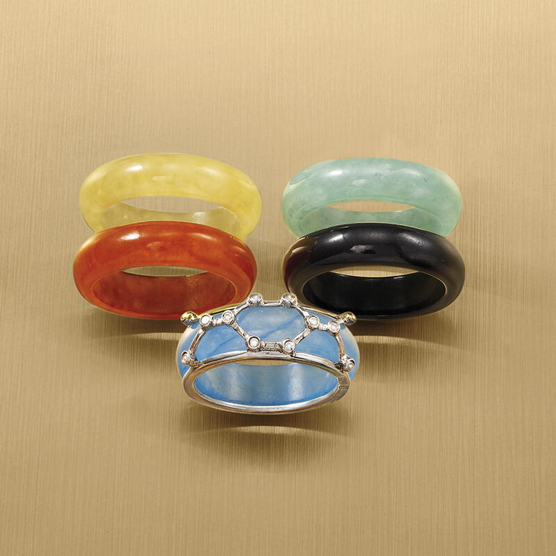 Multicolored Jade Jewelry Set: Five Interchangeable Rings with Sterling Silver Ring Jacket image number 8