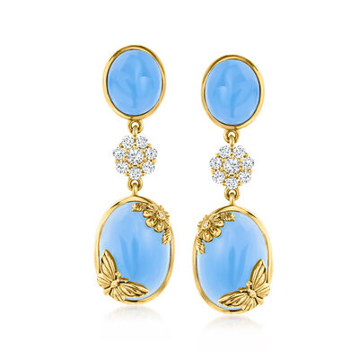Blue Chalcedony and 1.10 ct. t.w. White Topaz Nature-Inspired Drop Earrings with Diamonds in 18kt Gold Over Sterling