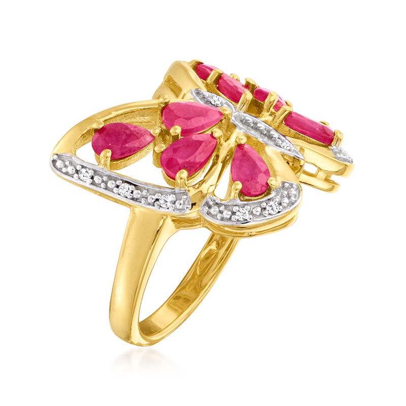 1.89 ct. t.w. Ruby Butterfly Ring with Diamond Accents in 18kt Gold Over Sterling. Size 8 image number 2