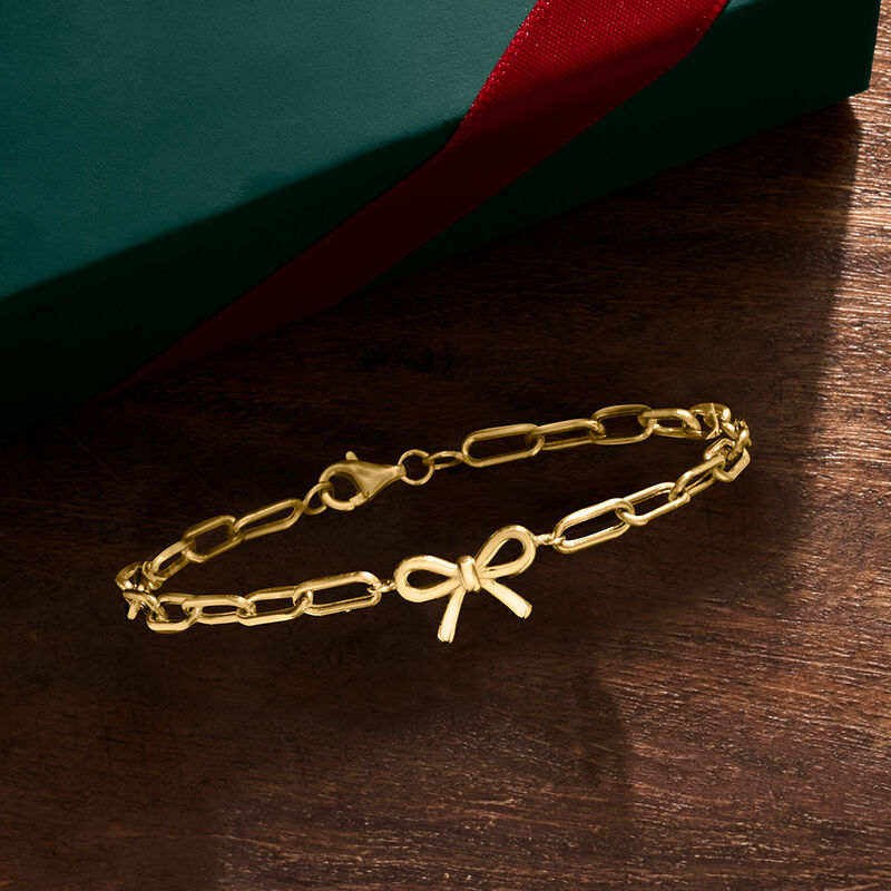 10kt Yellow Gold Bow Charm Paper Clip Link Bracelet image number 1