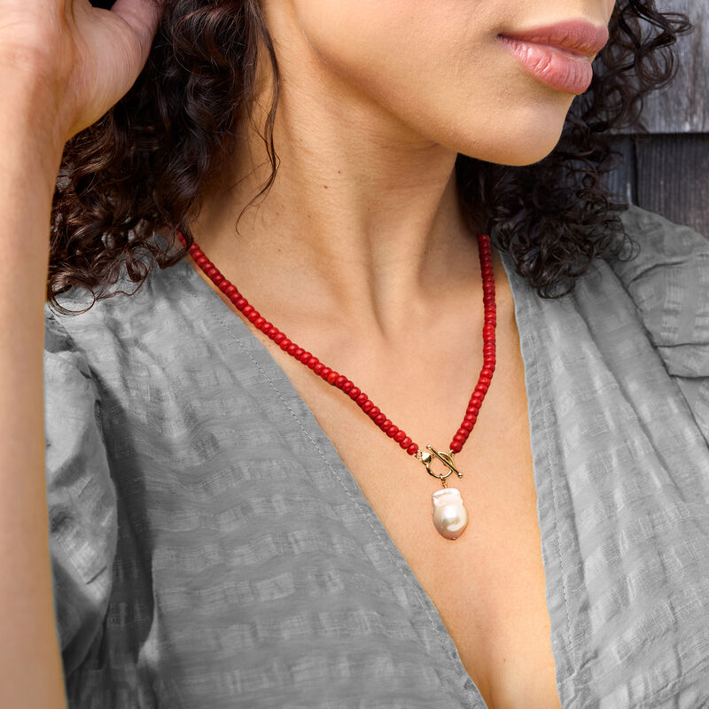 12-13mm Cultured Baroque Pearl and 5-5.5mm Red Coral Bead Toggle Necklace in 18kt Gold Over Sterling image number 1