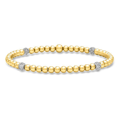 4mm 18kt Gold Over Sterling Bead Stretch Bracelet with .10 ct. t.w. Lab-Grown Diamond Stations in Sterling Silver
