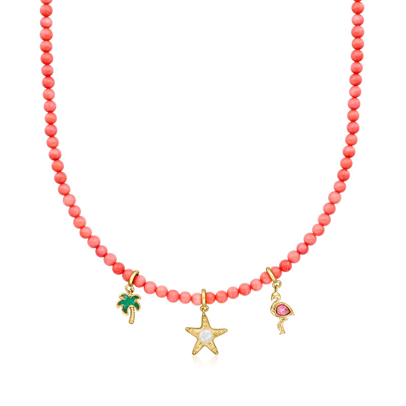 3.5-4mm Pink Coral Bead Charm-Compatible Toggle Necklace in 18kt Gold Over Sterling image number 3