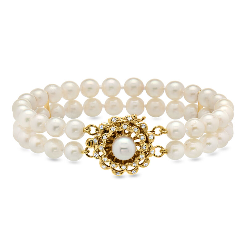 C. 1970 Vintage 6mm Cultured Pearl Two-Row Bracelet with .30 ct. t.w. Diamonds in 14kt Yellow Gold. 8" image number 0