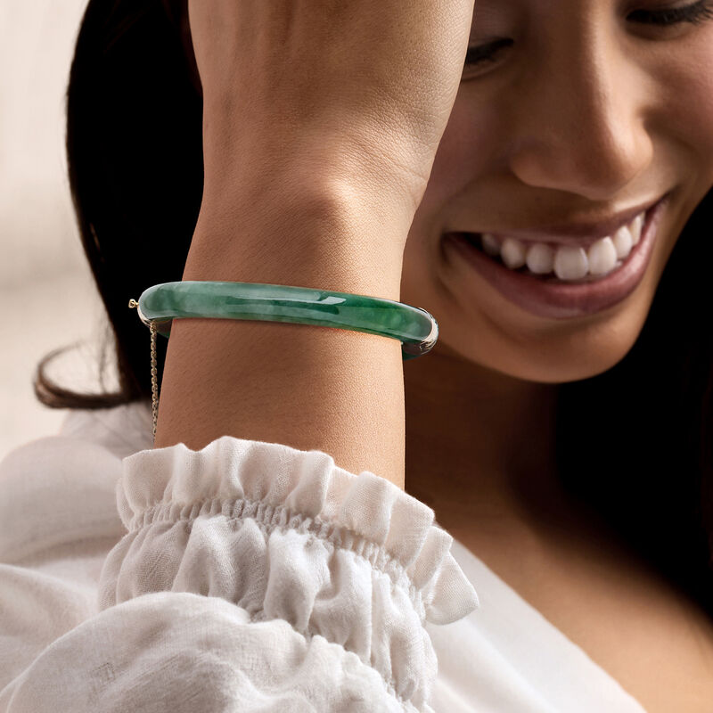 C. 1960 Vintage Jade Bangle Bracelet with 14kt Yellow Gold. 7" image number 1