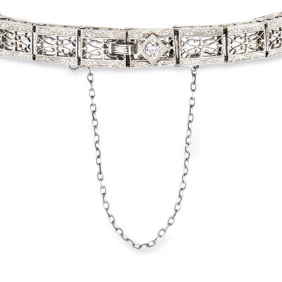 C. 1910 Vintage .60 ct. t.w. Diamond and .60 ct. t.w. Synthetic Sapphire Filigree Bracelet in 14kt White Gold