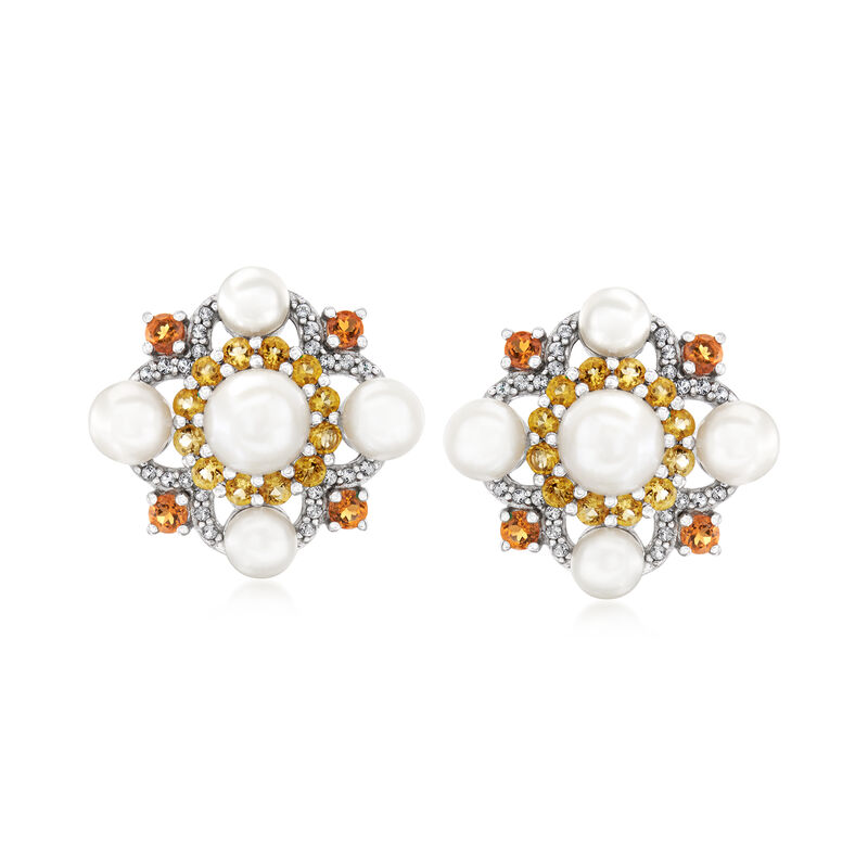 4.5-7mm Cultured Pearl, 1.10 ct. t.w. Citrine and .20 ct. t.w. White Topaz Earrings in Sterling Silver image number 0
