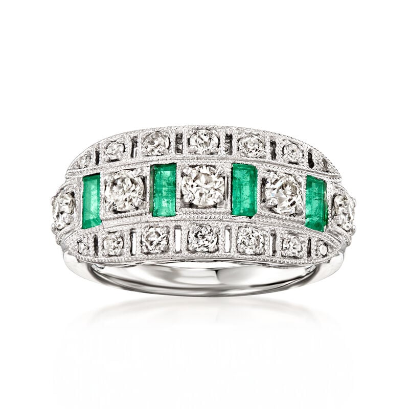 C. 1990 Vintage .91 ct. t.w. Diamond and .39 ct. t.w. Emerald Filigree Ring in Platinum. Size 6.5 image number 0