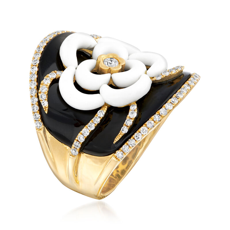Black Onyx, White Agate and .70 ct. t.w. Diamond Flower Ring in 18kt Yellow Gold image number 2