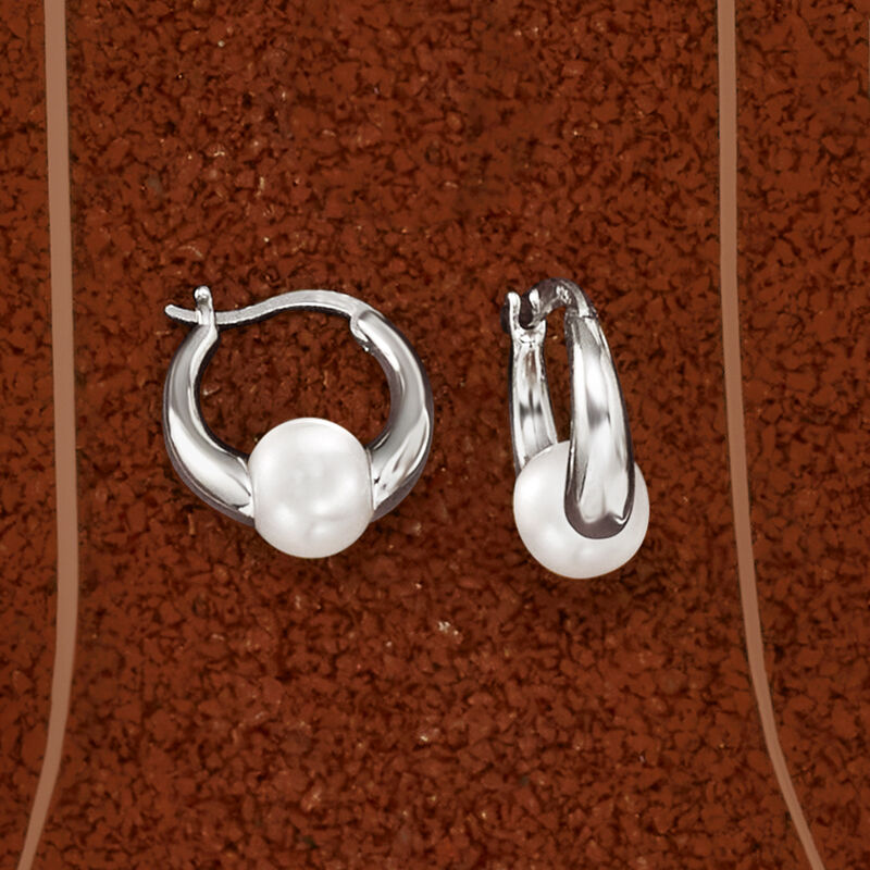 7.5-8mm Cultured Pearl Huggie Hoop Earrings in Sterling Silver. 5/8&quot; image number 2