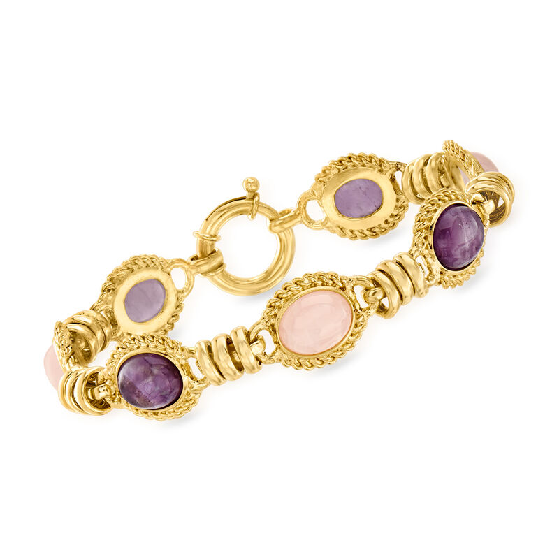 12.00 ct. t.w. Amethyst and 14.00 ct. t.w. Rose Quartz Bracelet in 18kt Gold Over Sterling. 8&quot; image number 0