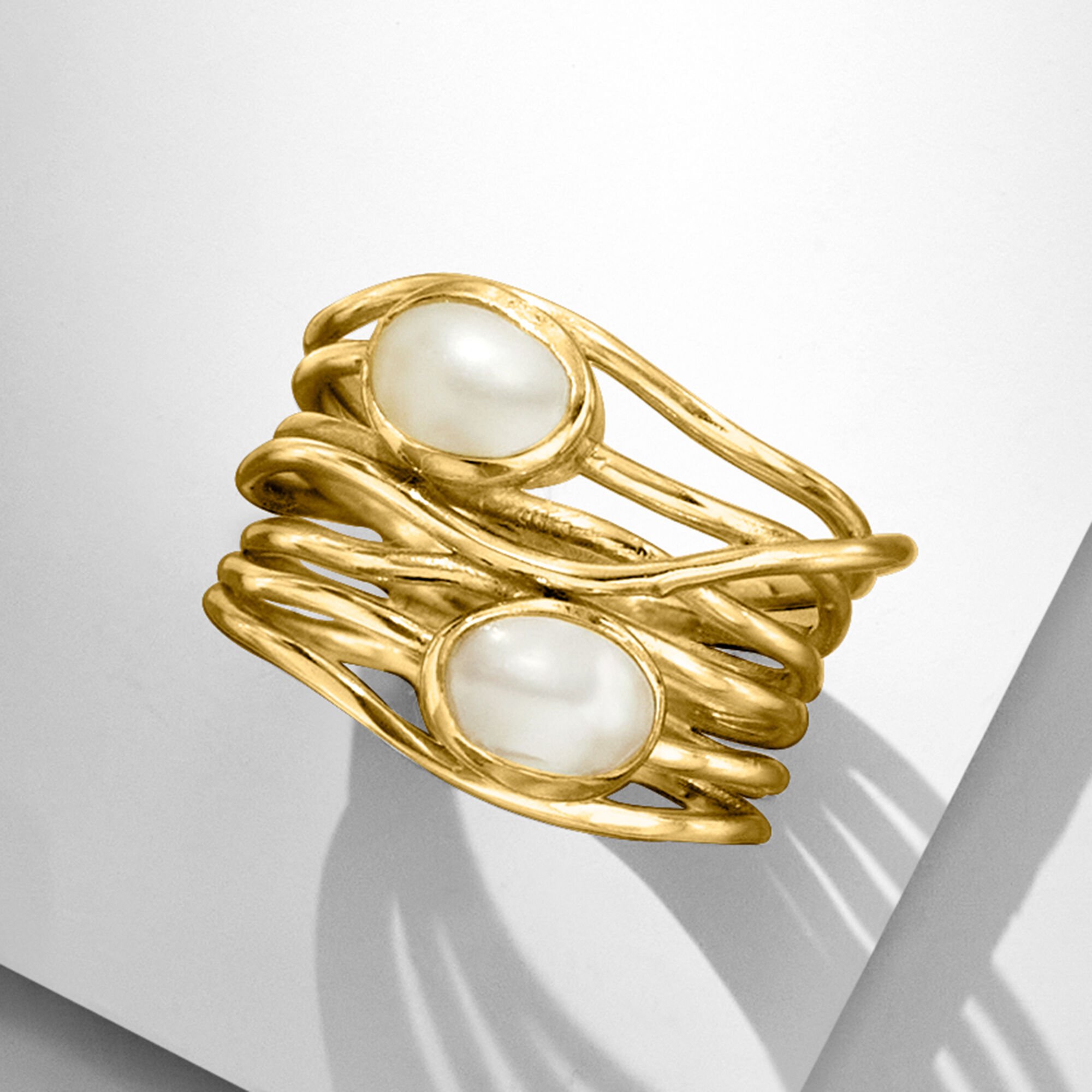 7x5mm Cultured Pearl Highway Ring in 18kt Gold Over Sterling