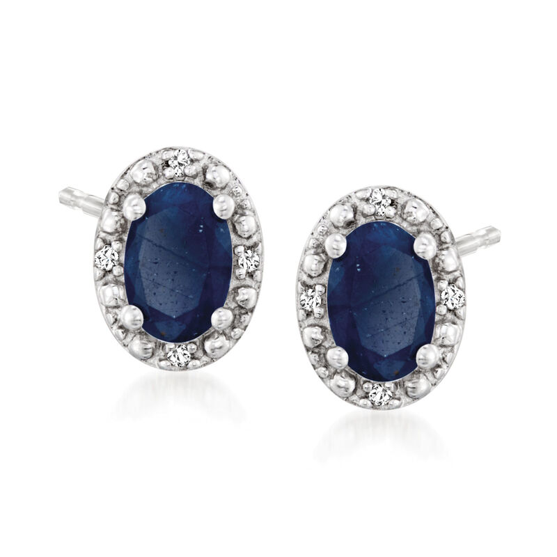 1.20 ct. t.w. Oval Sapphire Stud Earrings with Diamonds in Sterling Silver image number 0