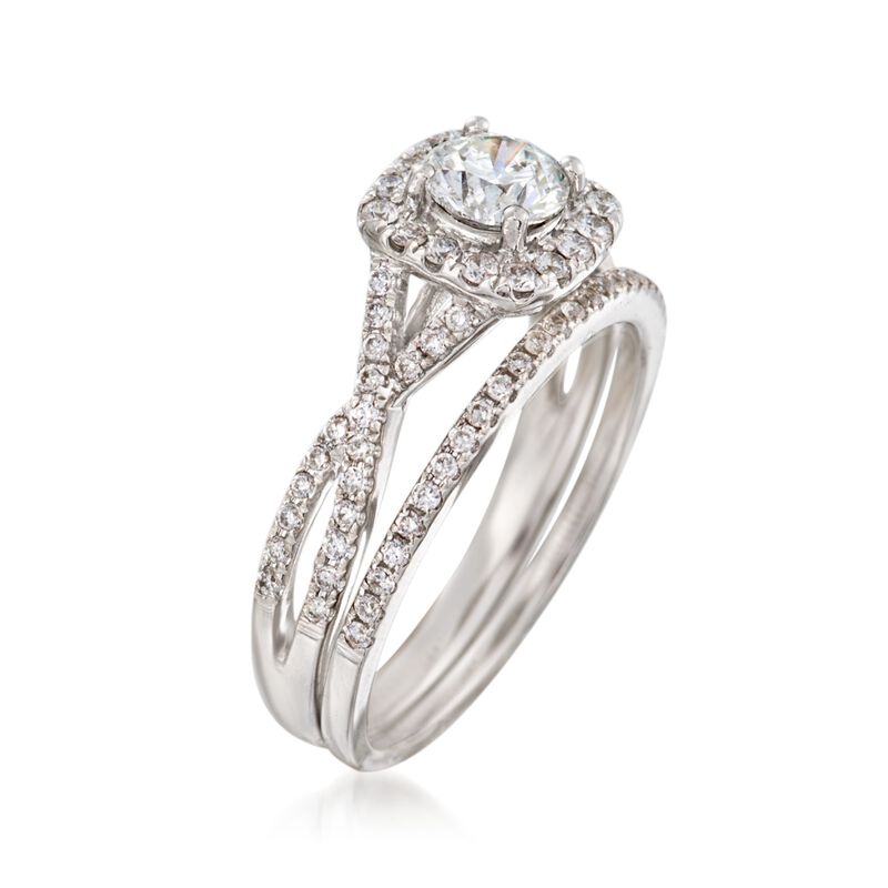 1.11 ct. t.w. Diamond Bridal Set: Engagement and Wedding Rings in 14kt White Gold image number 2