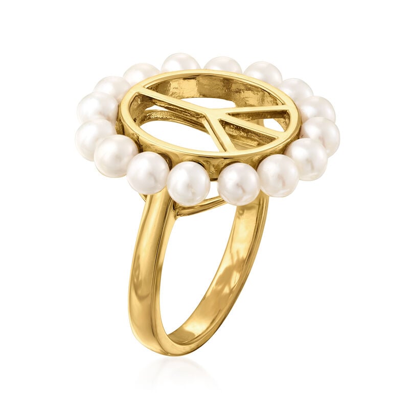 3.5mm Cultured Pearl Peace Sign Ring in 18kt Gold Over Sterling image number 2