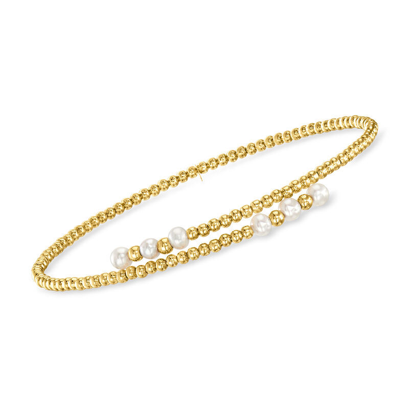 3-3.5mm Cultured Pearl Beaded Bypass Cuff Bracelet in 14kt Yellow Gold. 7&quot; image number 0