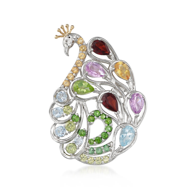 4.19 ct. t.w. Multi-Gem Peacock Pin/Pendant in Sterling Silver and 14kt Yellow Gold image number 1