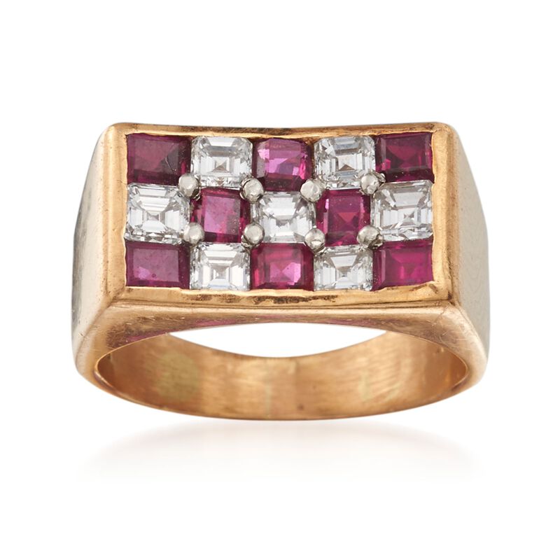 C. 1980 Vintage 1.45 ct. t.w. Ruby and .95 ct. t.w. Diamond Checkerboard Ring in 18kt Yellow Gold image number 0