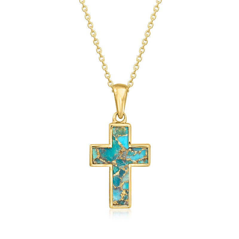 Turquoise Cross Pendant Necklace in 18kt Gold Over Sterling. 18" image number 3