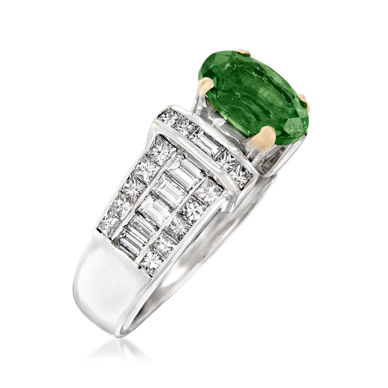 C. 1980 Vintage 1.60 Carat Green Tourmaline and 1.45 ct. t.w. Diamond Ring in 18kt White Gold. Size 5.25 image number 2