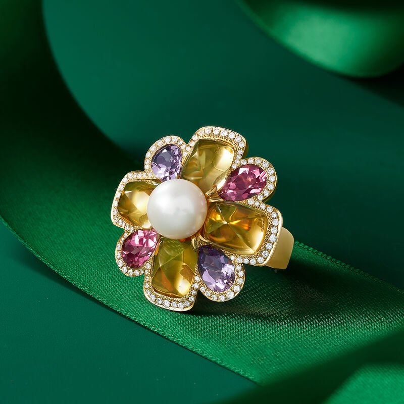 C. 1980 Vintage Chanel Cultured Pearl and 11.20 ct. t.w. Multi-Gemstone Flower Ring with .40 ct. t.w. Diamonds in 18kt Yellow Gold image number 3