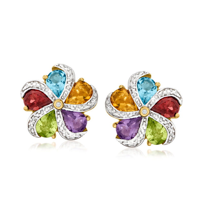 7.00 ct. t.w. Multi-Gemstone Floral Earrings in 18kt Gold Over Sterling image number 0