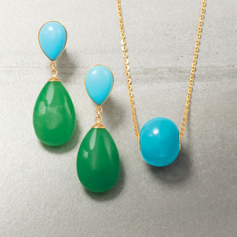 Jade and Simulated Turquoise Teardrop Earrings in 14kt Yellow Gold image number 2